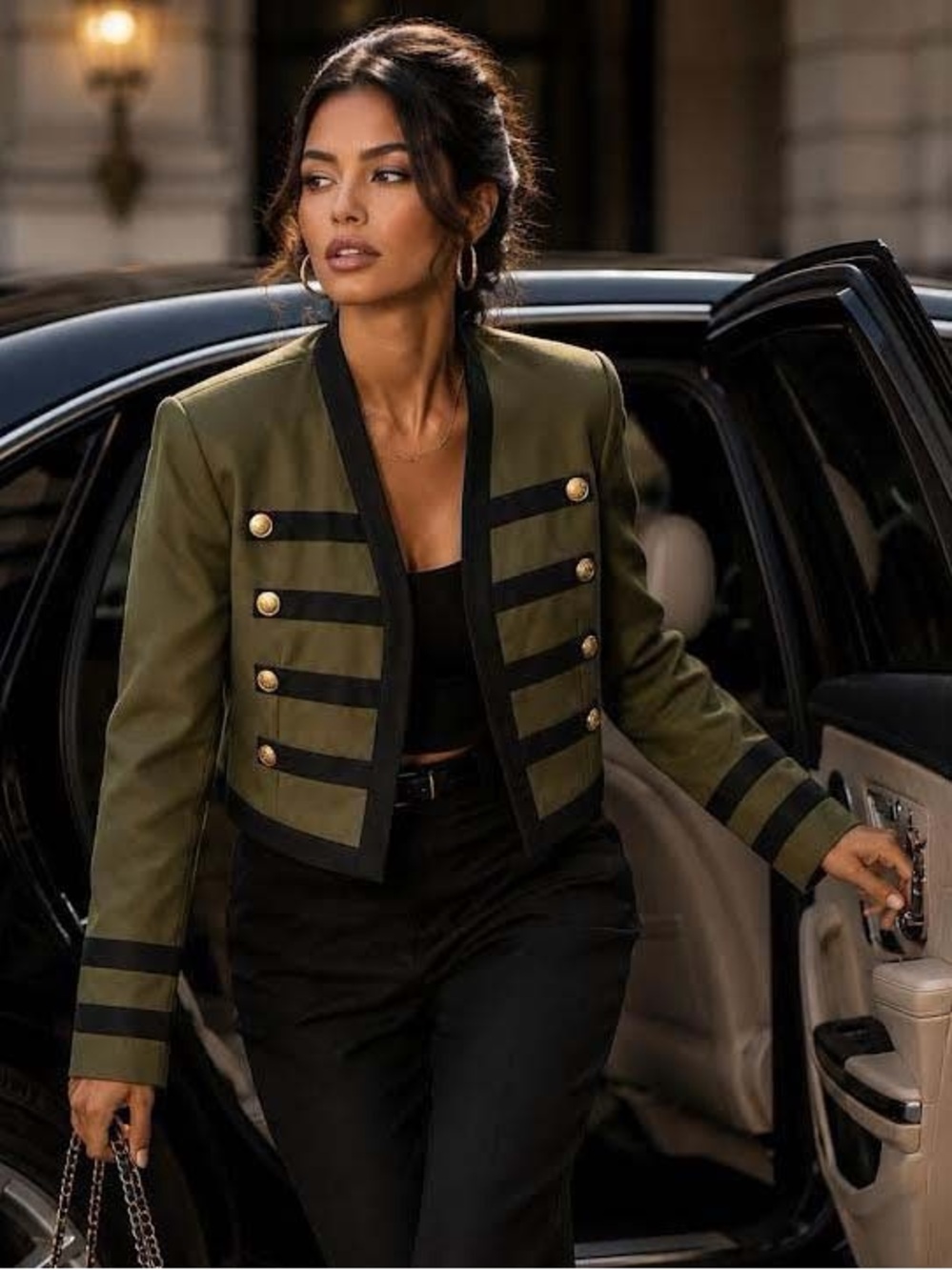 Olive Cropped Military-Inspired Blazer with Black Trim